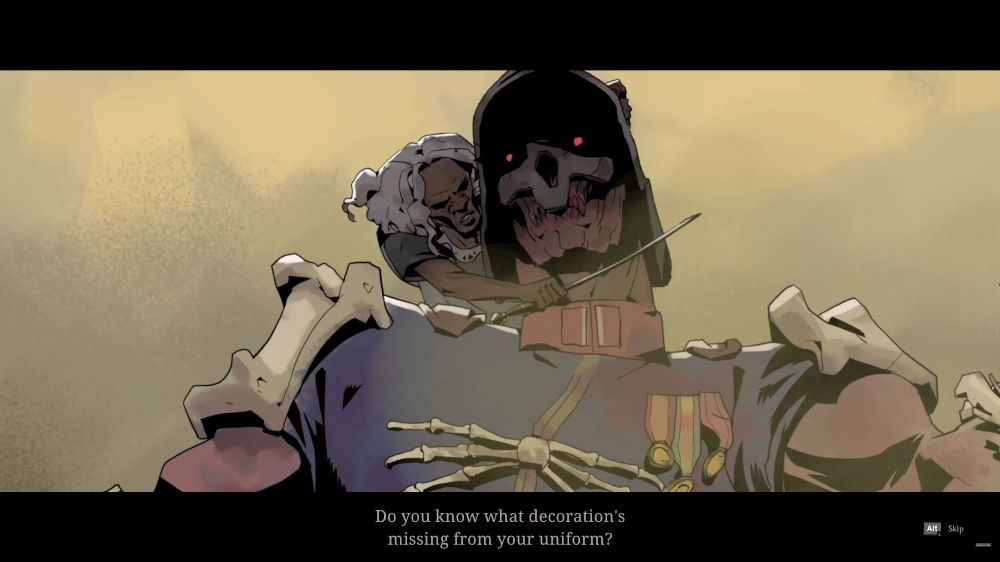 An older woman holds a knife to a skeleton man's throat and asks "Do you know what decoration's missing from your uniform?"