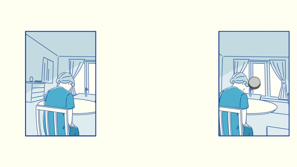 A scene from And Roger with two identical shots of the main character sitting at a table alone within a rectangle cutout.