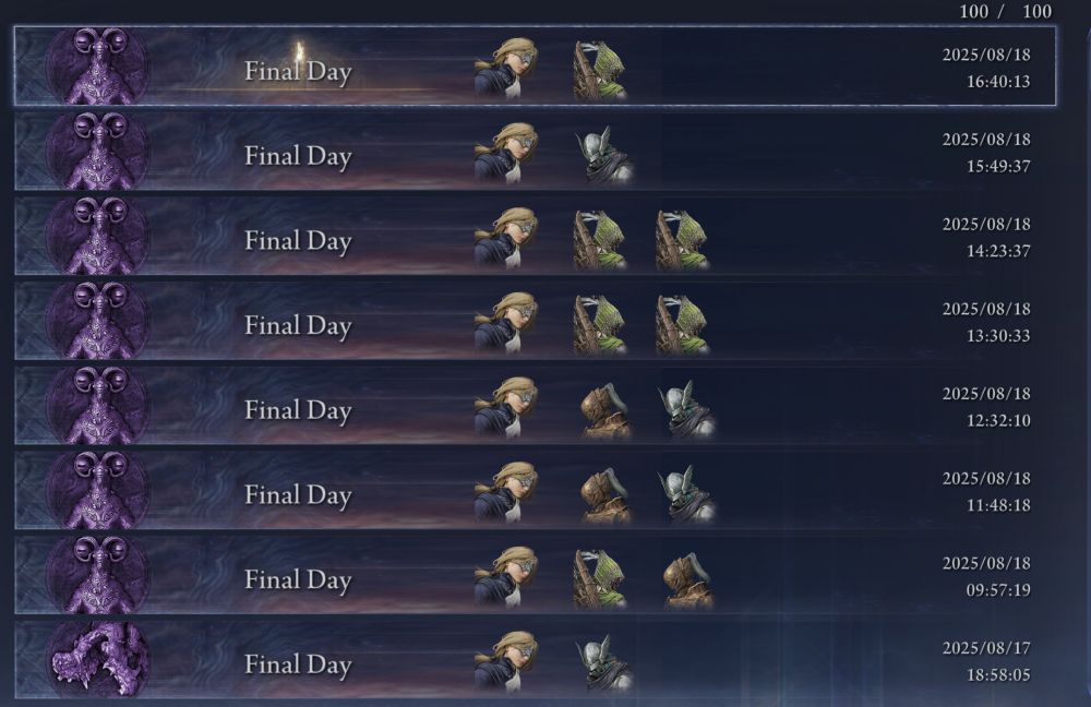 An Elden Ring Nightreign screenshot. There are several rows with a purple boss icon and character icons for every completed run.