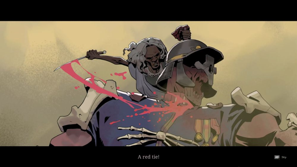 An older woman from Hell Clock yelling "A red tie!" after slicing a skeleton man's throat with a knife during an animated cutscene.