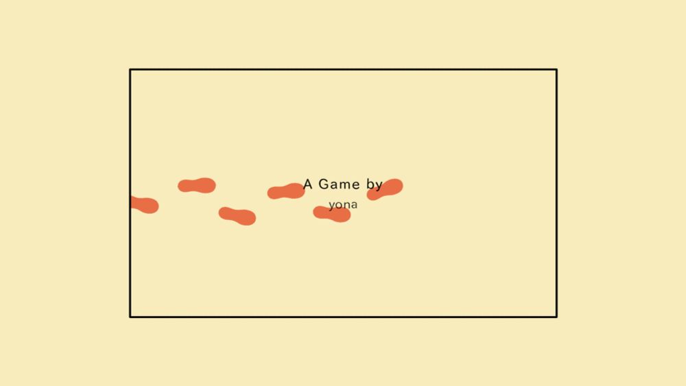 A scene from And Roger with text in the middle that credits the designer of the game, Yona. A lone pair of orange footsteps trail across the middle of the frame toward the right.