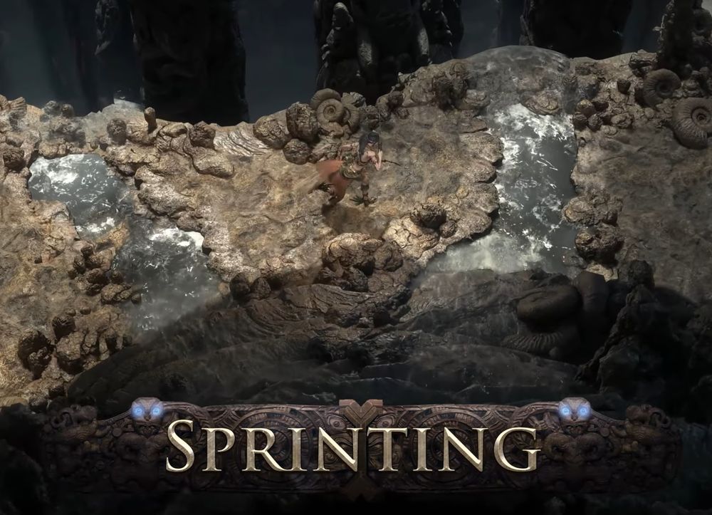 A screencap of the Path of Exile 2: The Third Edict announcement trailer. A top-down view of a character running along a stretch of daylight in a cave. At the bottom there is text to announce a new feature coming to the game that says sprinting in all capitalized letters.