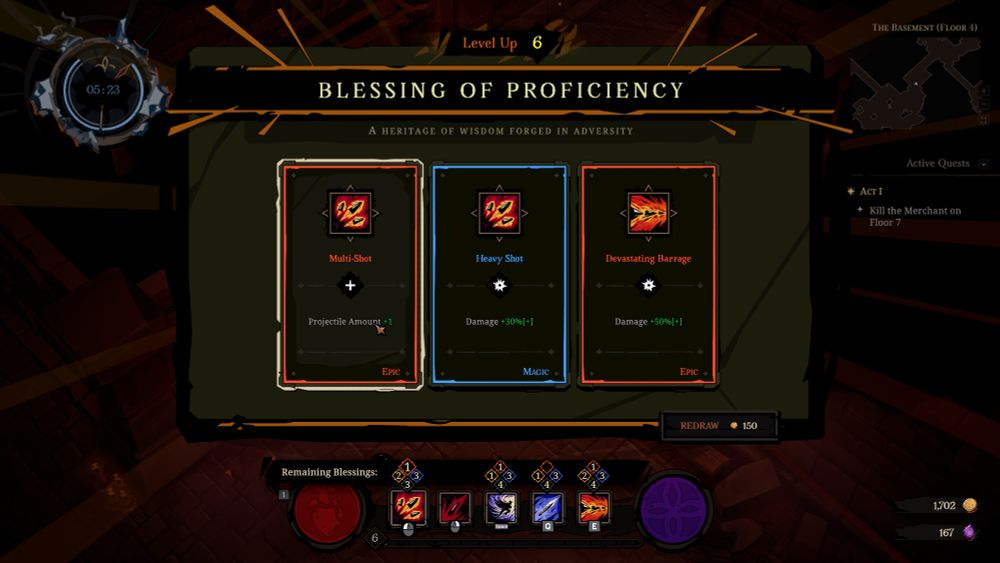 A screenshot of Hell Clock with three options to augment your abilities in the style of Hades.