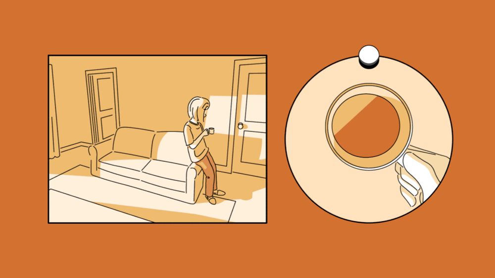 A scene from And Roger. The main character rests against a sofa holding a cup of coffee on the left side of the screen. On the right side, a close-up shot of the coffee as the player moves a button to swirl the liquid as time passes.