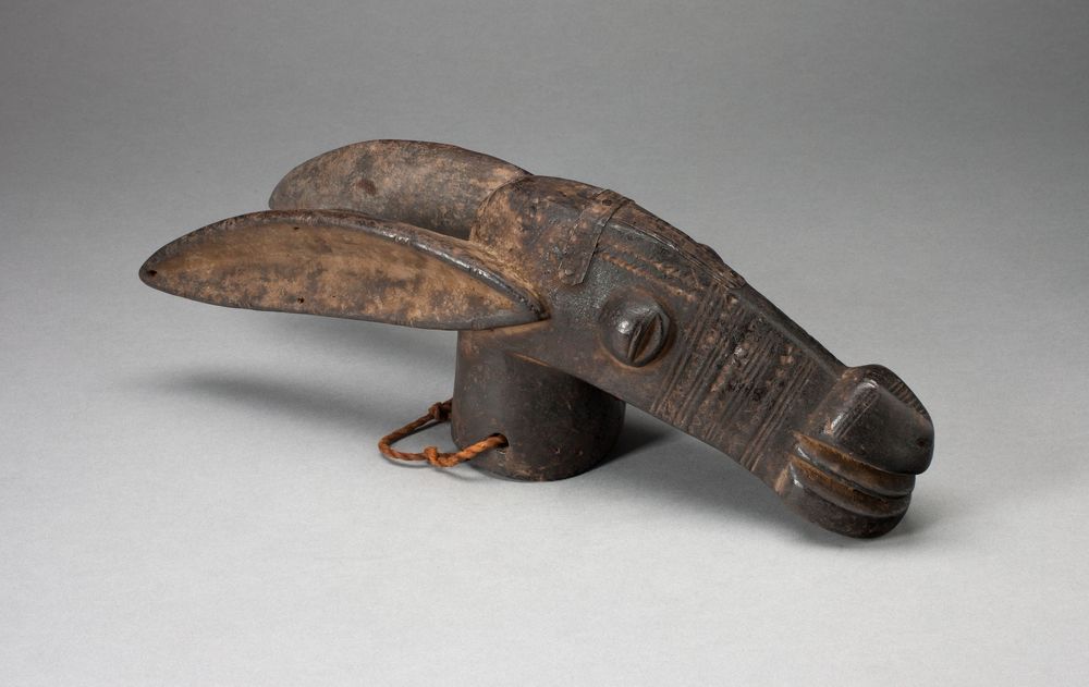 The long, pointed ears, bulging eyes, pronounced snout, and delicate and muted incised decorative elements along its face define this Bamana koredugaso (wooden horse head). This head would have been attached to a long pole at its neck and used as a puppet in Kore society performances. Ntomo and Kore societies exist throughout the Niger Valley; Ntomo was a society for young boys to learn discipline before being initiated into the more secretive Kore society as adolescents. Bamana people understand Kore as the “father of the rain and thunder,” and therefore as related to agriculture—one of the key elements of knowledge to which boys are exposed to in their initiation into Kore. This head may have been used in performances for initiation ceremonies, which take place every seven years, the more frequent dances enacted to bring about rain for farming, or perhaps both.
–Permanent Collection Object Description

African and Amerindian Art Purchase Fund and Mr. and Mrs. James W. Alsdorf