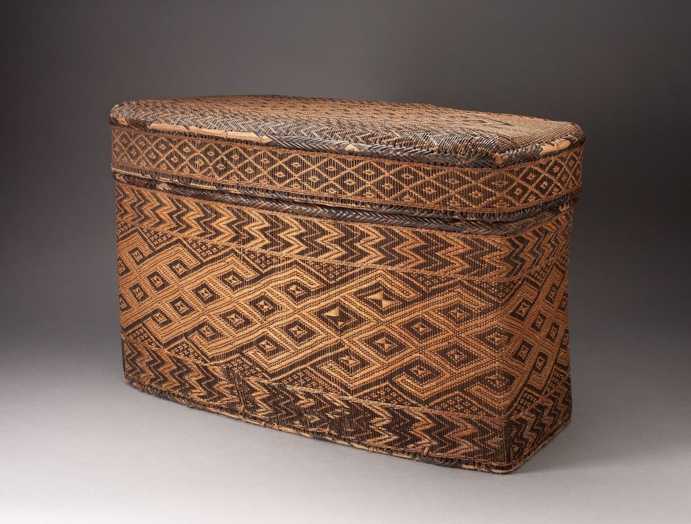 Basketwork boxes decorated with interlocking geometric patterns were produced in the Congolese region and adjacent Angola well into the 20th century. Such containers were used for the storage of luxury wares including raffia textiles and ivory accessories. Some were exported to Europe as early as the mid-17th century and became part of the collections of royals and wealthy aristocrats.

Restricted gift of Jamee and Marshall Field; Pauline S. Armstrong Endowment