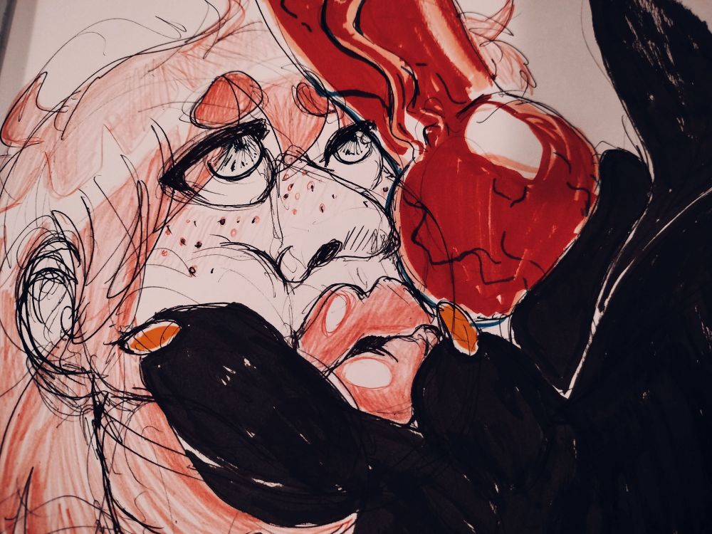 NSFW A very close up shot of a redheaded girl with her face gripped tightly in a pawed hand. A huge knotted cock rests on her face.