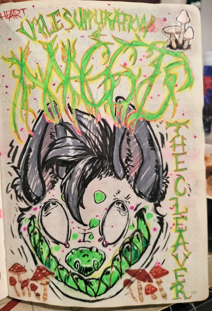 Marker portrait of a hyena with glowing blue teeth and wild eyes. Surrounded by neon green text.