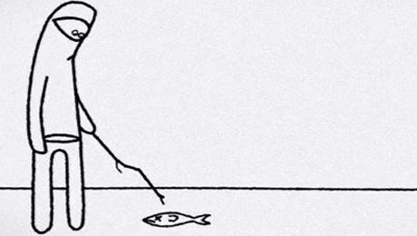 The cartoon character White Ninja poking a dead fish with a stick
