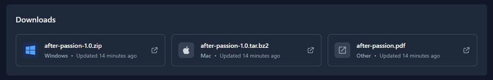 Screenshot of the fvn.li downloads section on a game detail page, showing 3 downloads:
- Windows logo, titled after-passion-1.0.zip, updated 14 minutes ago
- Apple logo, titled after-passion-1.0.tar.bz2, updated 14 minutes ago
- External link icon, titled after-passion.pdf, updated 14 minutes ago