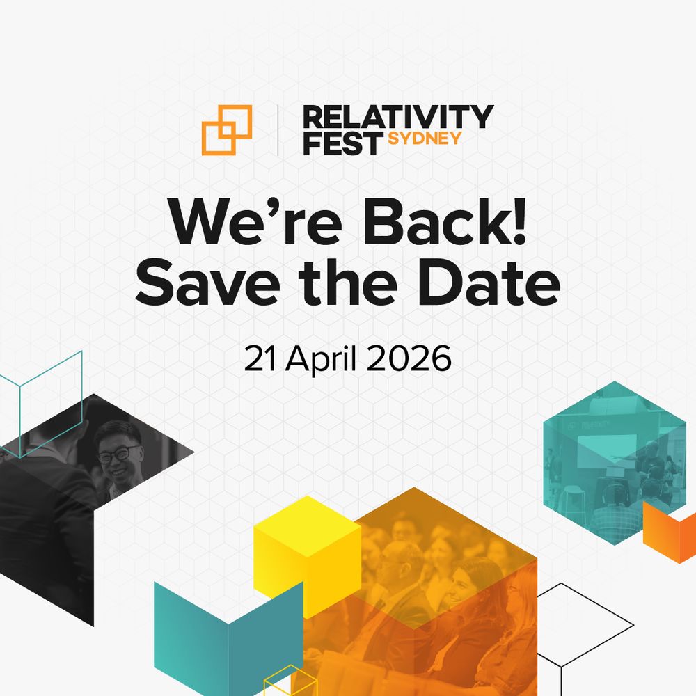 Graphic announcing Relativity Fest Sydney 2026. The design features the Relativity Fest Sydney logo at the top, bold text reading “We’re Back! Save the Date,” and the date “21 April 2026” centered below. The background has a subtle hexagonal pattern with colorful geometric shapes in yellow, teal, and orange.