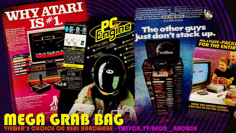 A graphic showing various game system flyers and ads with MEGA GRAB BAG in yellow text below it