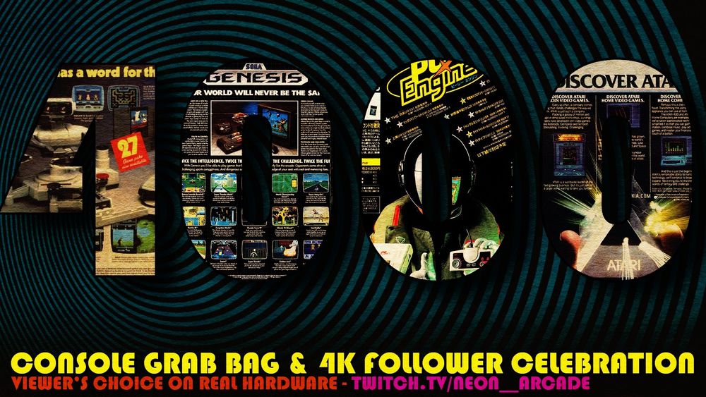 A graphic showing "4000" followers of Neon_Arcade's Twitch stream and the description of the event, which is a console grab bag and celebration of the milestone. 