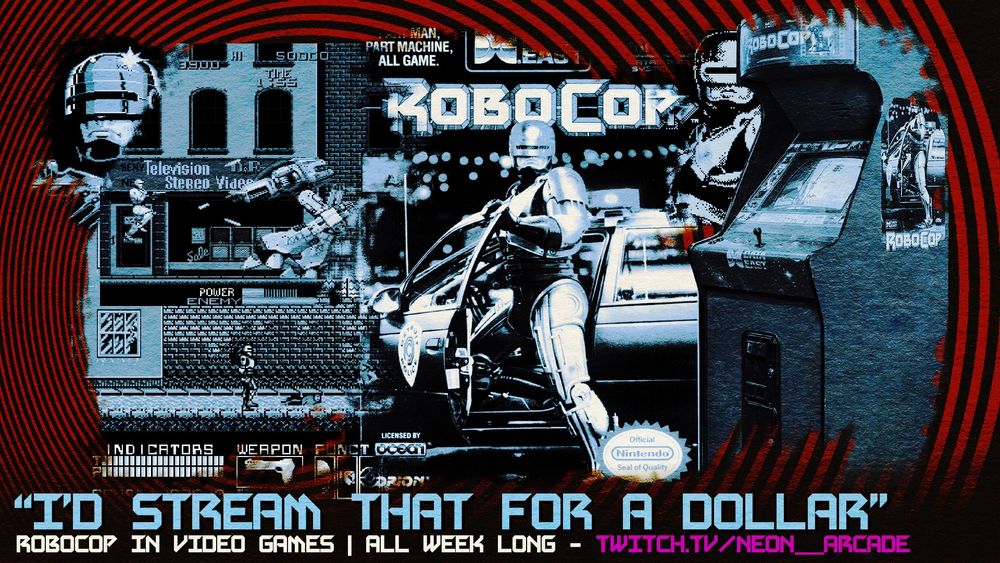 A montage of robocop-related video game images and the name of a week long stream on Twitch celebrating the history of Robocop in video gaming