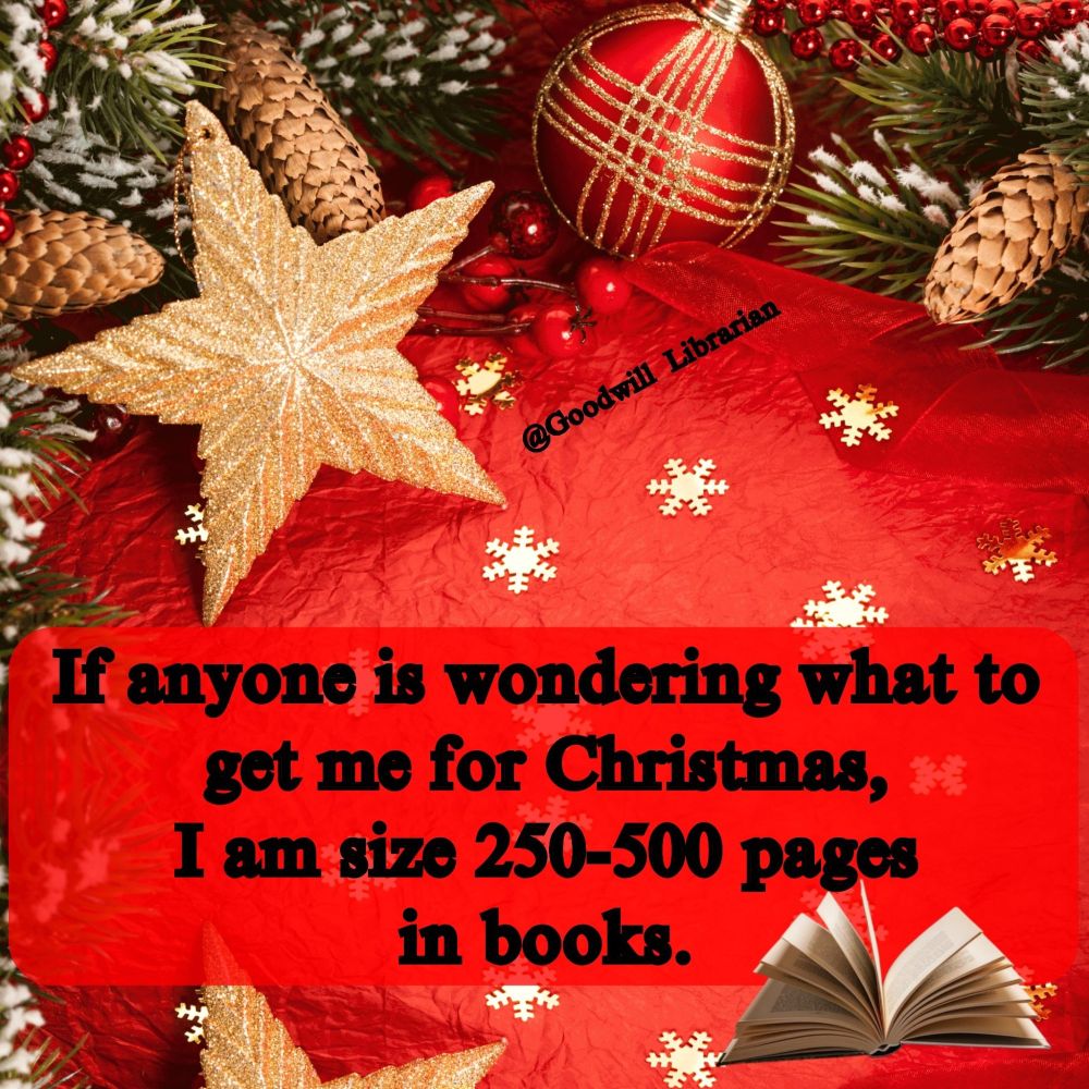 Colorful red background with holiday decorations and one book in lower right hand corner. Text: If anyone is wondering what to get me for Christmas, I am size 250-500 pages in books. 