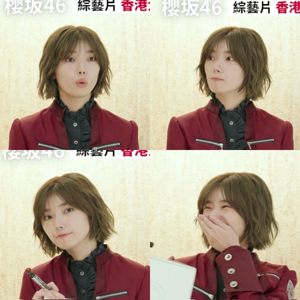 Four pictures of Fujiyoshi Karin from the bust up. She is wearing a red jacket with zippers on the breasts and a black shirt underneath it. The shirt has ruffles on it. Her hair is dark blonde and down to her chin. The pictures are screenshots from a Japanese show. 

In the first picture she is making her lips into a round shape as if she is saying oooo. in the second one she is looking to her right and pouting a little. Third one she is holding a pen and has a slight smile on her face. In the fourth and last one she is holding her hand up to her mouth, her eyes are crinkled showing that she is laughing.