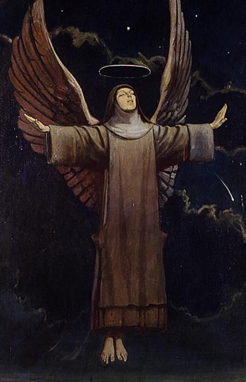 Artwork of a woman in a brown robe with a veil and angel wings. A halo. She's flying. Dark, cloudy background.
