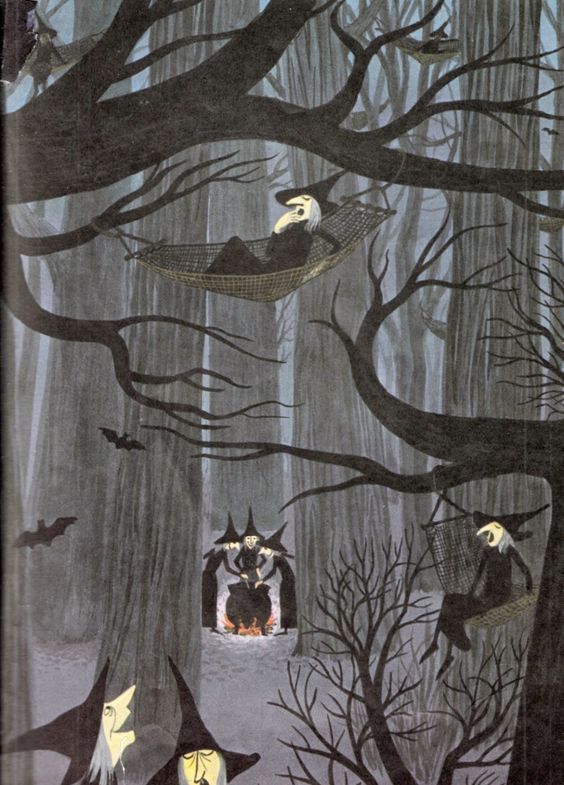 Illustration of a forest filled with whimsical witches