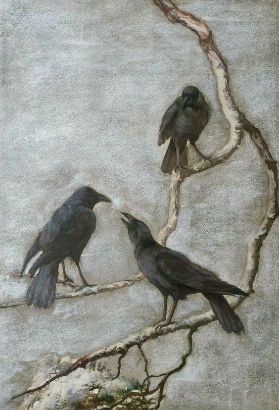 Black birds perched on the branches of a tree in winter. Painting.