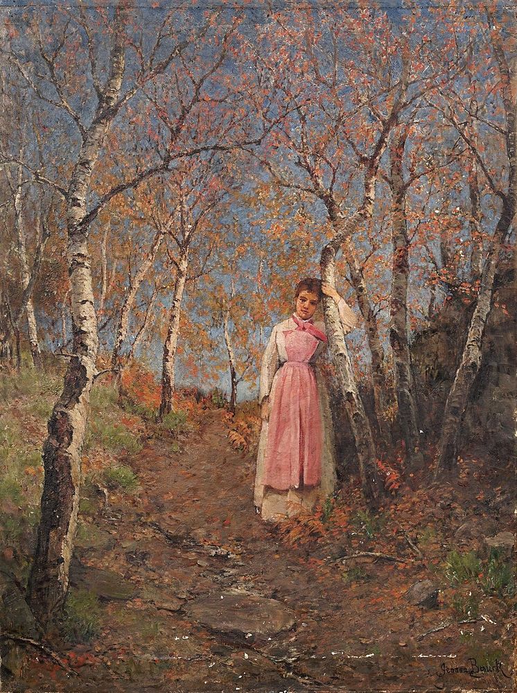 Painting of a girl in a birch wood holding one of the trees. She's wearing a white dress with a pink apron. Autumn colours.