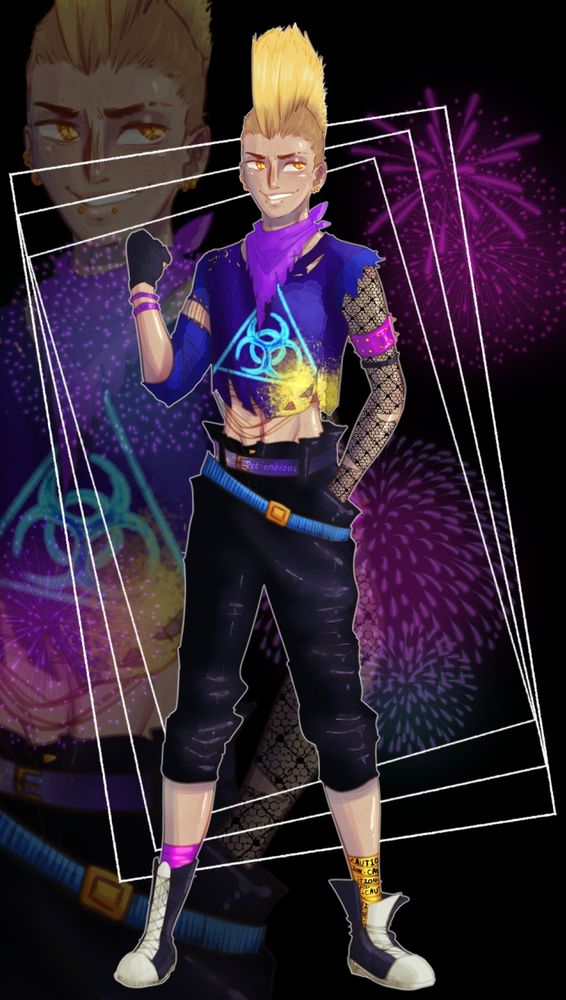 A skinny punk with a blonde mohawk and freckles. He's wear a cropped shirt with a neon biohazard symbol on it. 
