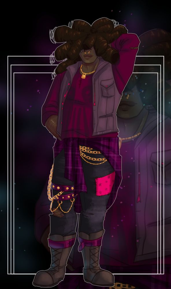 A large, burly black man with a heavy maroon coloured punk aesthetic. His large puffy afro curls are covering his eyes, but he's smiling still. He looks friendly!