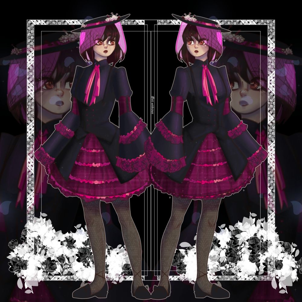 Twins girls standing side by side, looking at each other. They're wearing goth Lolita fashion, with an emphasis on black and neon pink. 