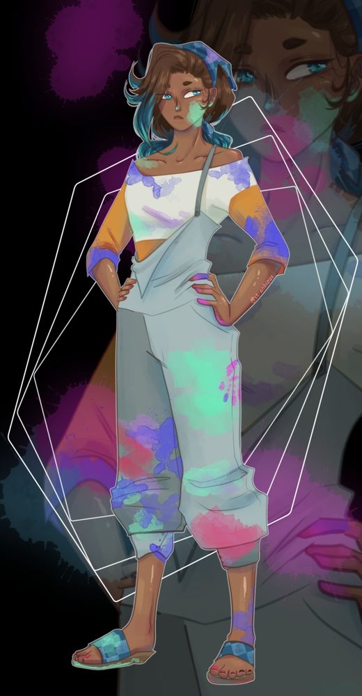 A confident woman covered in paint. She's wearing light coloured overalls over a white and orange cold shoulder shirt. 