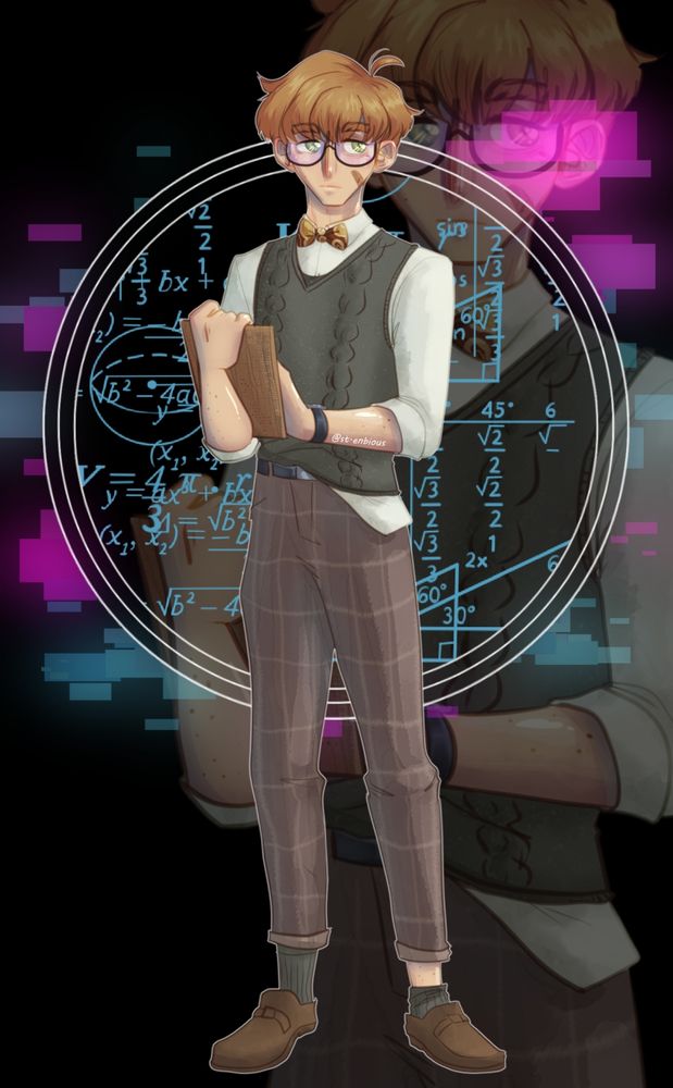 A mostly put together man. He's sporting a sweater vest, a funky 70s style bow tie, brown loafers, and thick rimmed glasses.