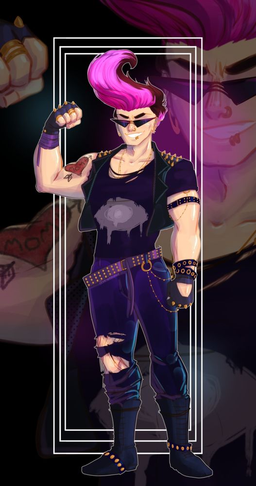 A buff punk with a pompadour flexes his arm at the viewer. His eyes are hidden behind sharp, triangle sunglasses. His clothes are tight and torn, mostly black with purple tones.