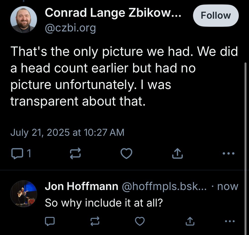 Screenshot of myself asking Conrad Zbikowski why he included a picture showing a section of a convention empty nearly a half hour after voting had ended. 