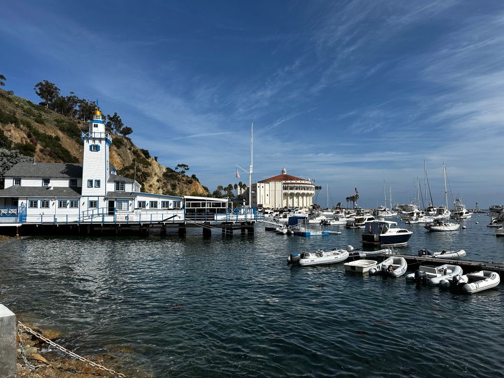 Summer photo of Avalon Bay, on Santa Catalina Island, CA.  Beautiful blue sky with wisps of clouds, and many small boats moored 