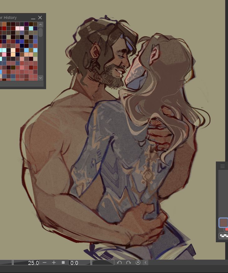 An unfinished drawing of Jayce and Viktor from the second season of the show Arcane. Jayce is holding Viktor in his arms. Their faces are intimately close, as if the two were about to kiss. Yet, there remains a smidge of distance between them.