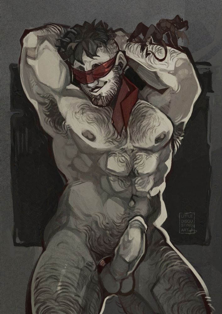 A drawing presenting the client's character - a blindfolded, muscular man posing in front of the viewer. He's fully naked, his manhood erect and restrained by a cockring. A tiny devil is sat on the character's arm.