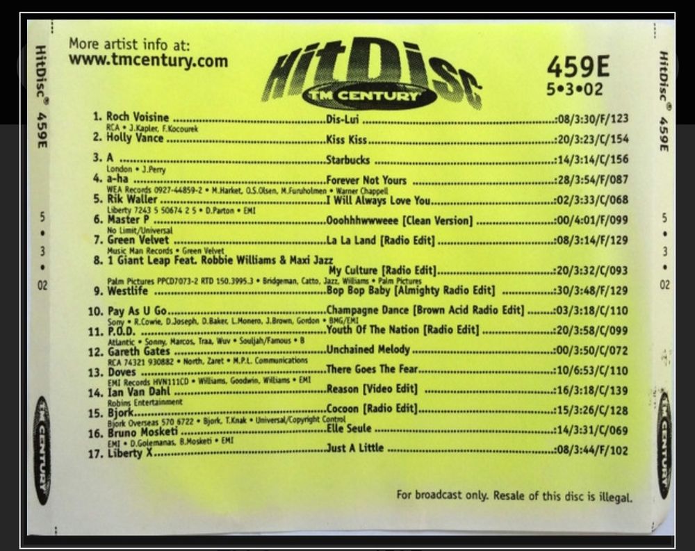 Track listing for HitDisc 459E