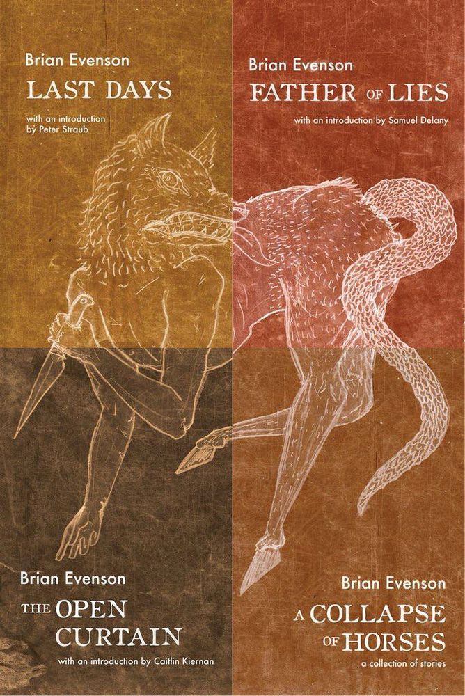 The covers of four Evenson books that form some kind of monstrous chimera