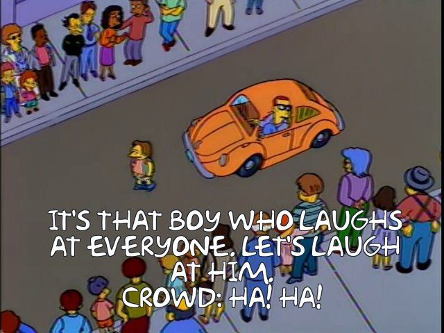 Everyone laughing at the boy who laughs at everyone