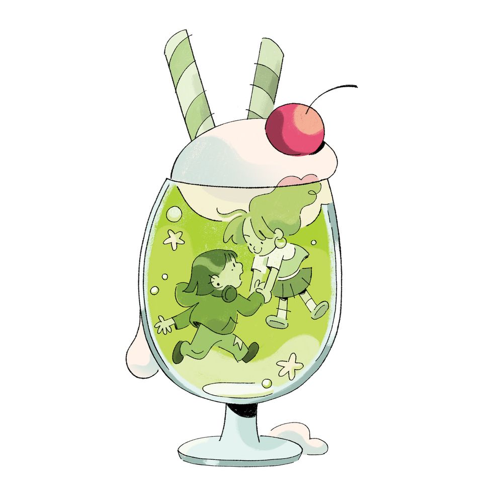 drawing of mitsuki and aya from the guy she was interested in was not a guy at all plunged into a glass float of green melon soda