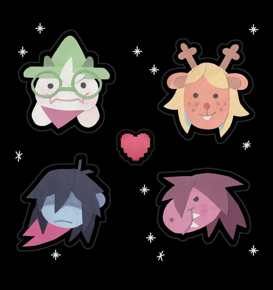 digital sticker sheet mockup of the 4 main characters of deltarune, Kris, Ralsei, Susie and Noelle. They are all crafted out of paper into simple shapes. 