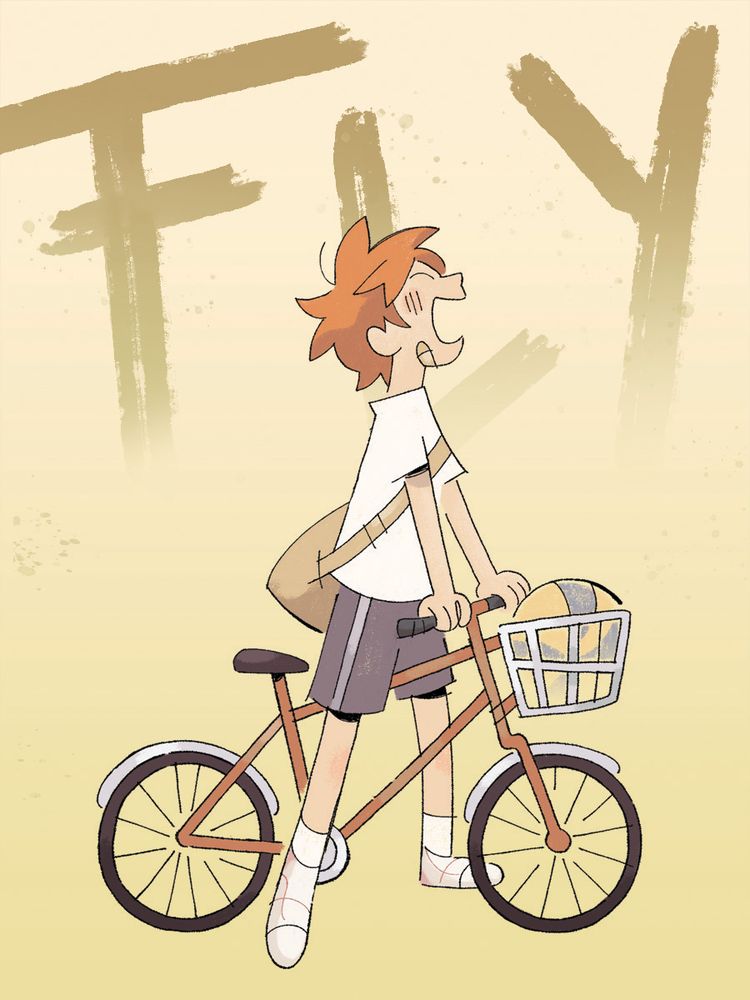 Digital drawing of hinata shoyou from the anime, Haikyuu, biking in the summer facing right. The text, "Fly" is written behind him in big uppercase letters. 