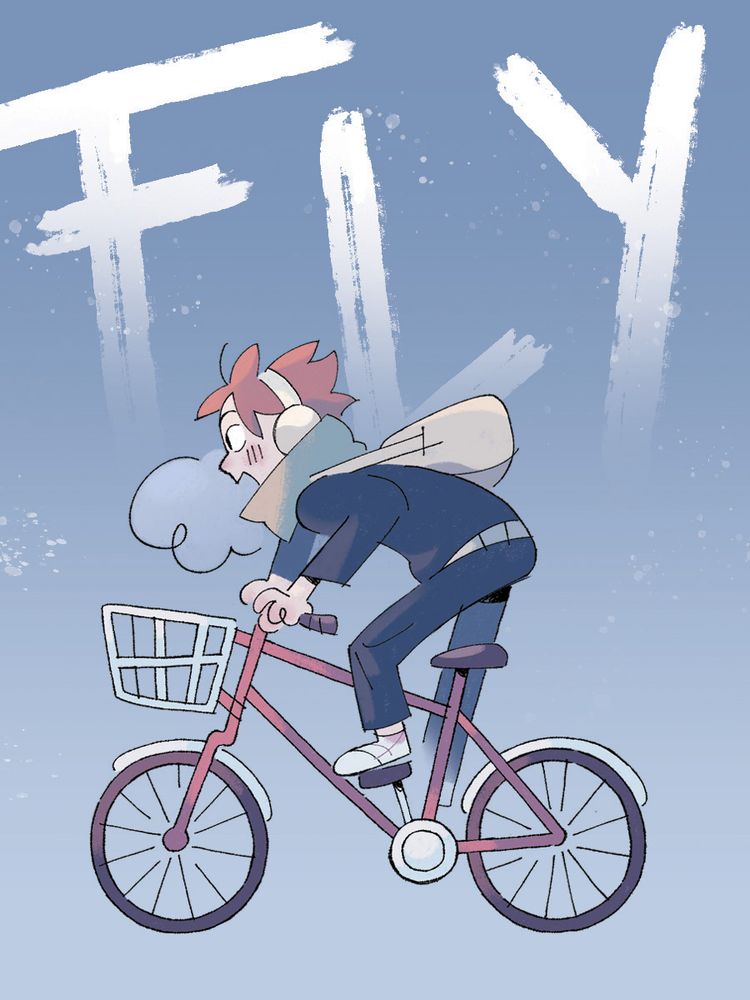 Digital drawing of hinata shoyou from the anime, Haikyuu, biking in the snow facing left. The text, "Fly" is written behind him in big uppercase letters. 
