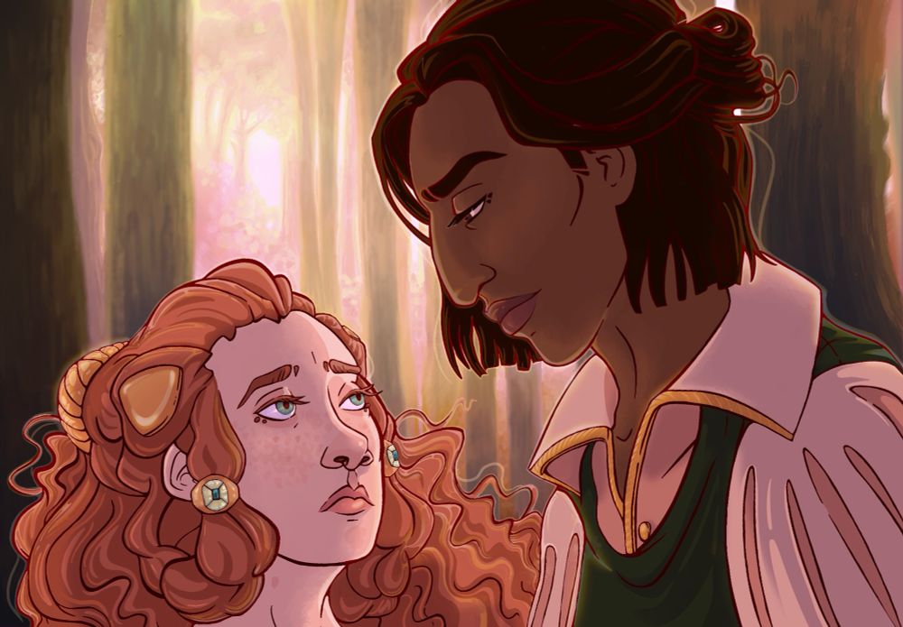Two female characters lock eyes in front of a forest background 