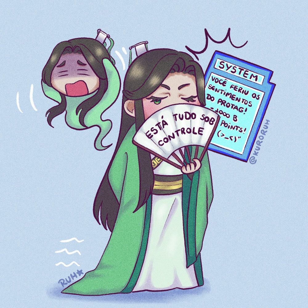 Ilustração em cores de personagem Shen QingQiu da série Scumbag System, em pé com pose de inabalável com o rosto escondido sob um leque que diz “está tudo sob controle” enquanto uma versão dele em formato de fantasminha sai com a expressão em desespero. Ao seu lado tem uma tela do sistema dizendo que ele feriu os sentimentos do protagonista e perdeu 1000 pontos B.