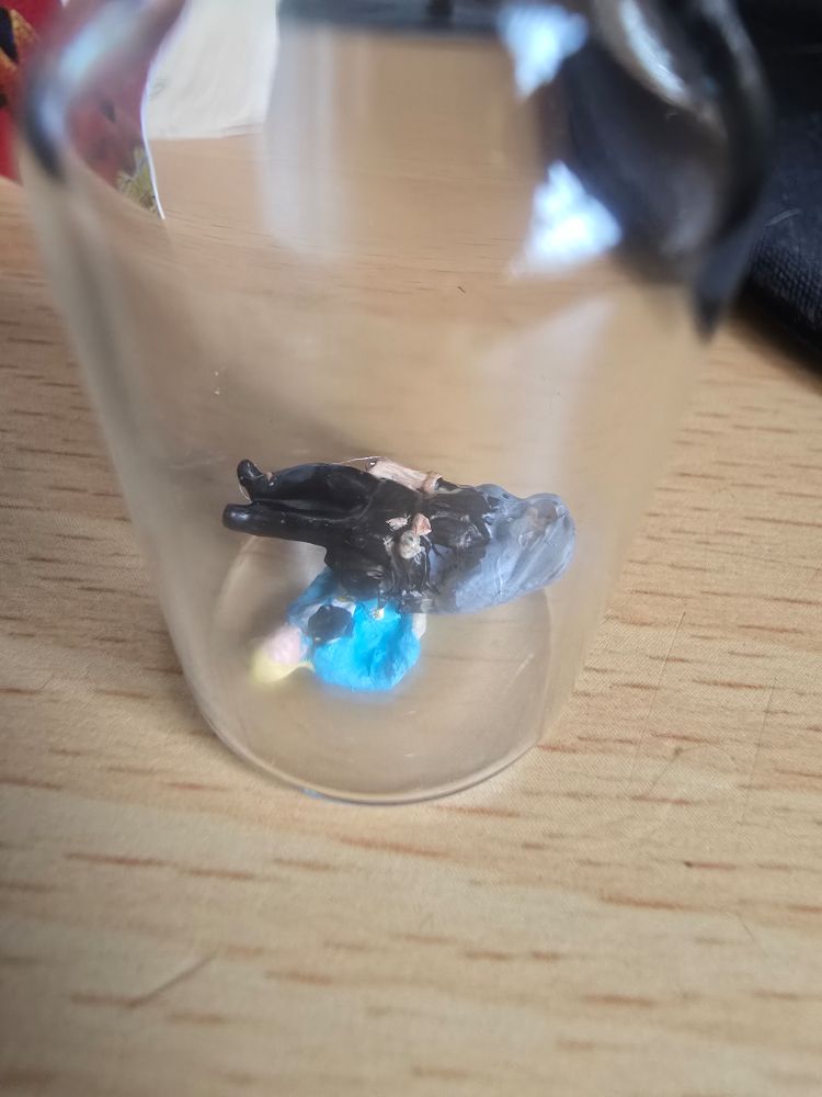 Teeny Ed & Stede in a bottle. Stede is lying on his back while Ed is lying with his back to him, diagonally across him 