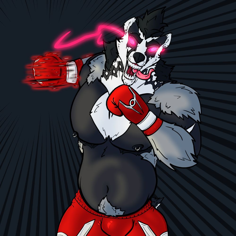 Boog the Obstagoon, mouth wide open, tongue lolling out; his eyes are opened wide, trailing off behind him as he lunges forward, preparing a heavy right handed smash.

He's wearing his boxing shorts and matching gloves, both with the Red Lantern emblem.