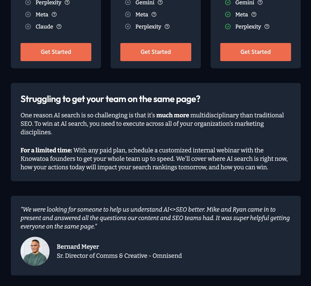 Limited time offer for internal webinars with paid plans for Knowatoa. Plus a testimonial from a paying customer.
