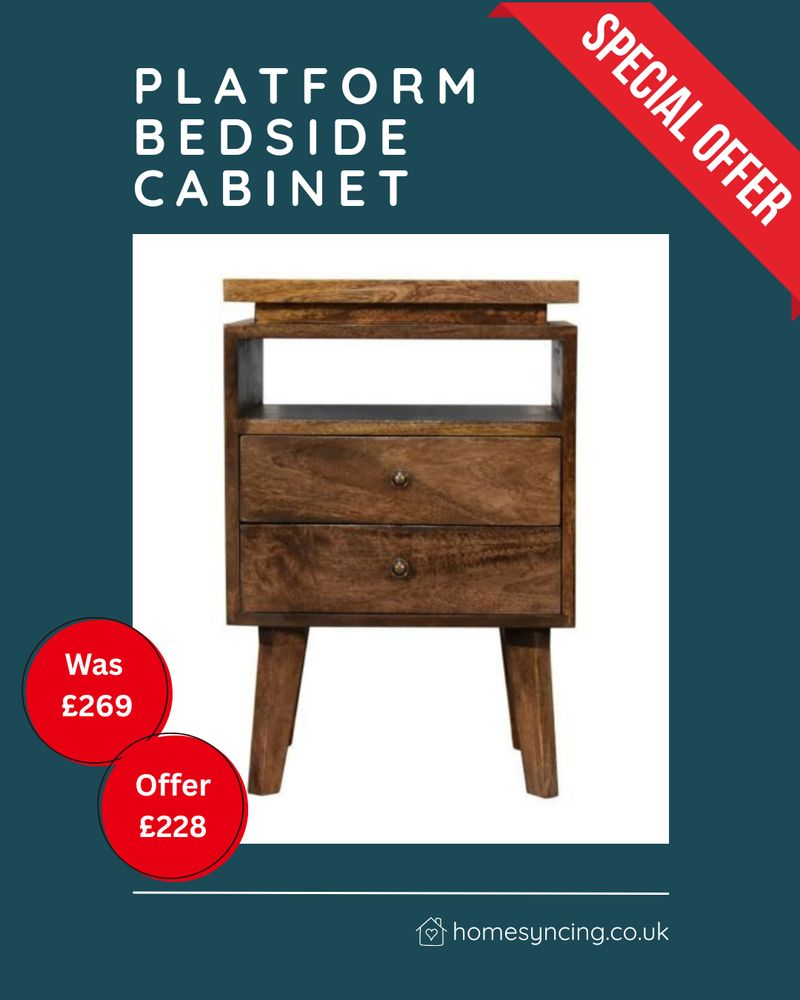 Platform bedside cabinet.
special offer
dark finish solid wood with elevated platform top surface.  Two drawers.
Was £269 Now £228