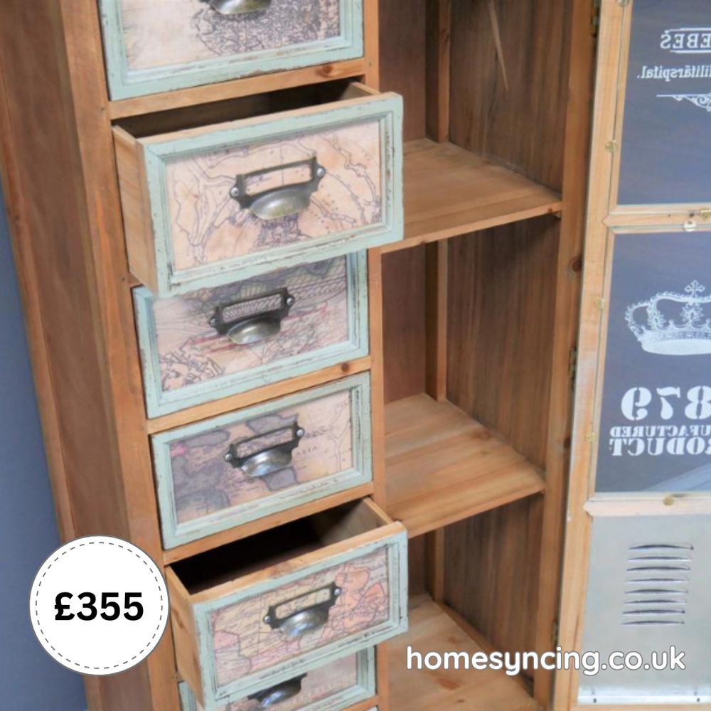 1879 Vintage Style Wall Storage Unit.  Soild wood with display motif glass front and metal vents.  Drawers with Atlas Map Decorative panels and metal label handles. £355.  homesyncing.co.uk