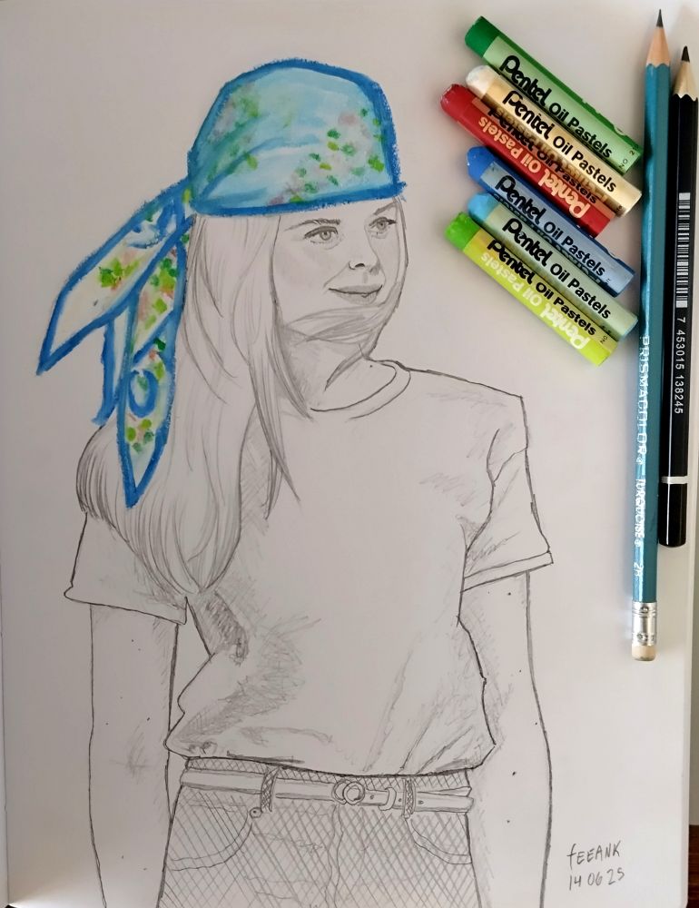 A pencil and pastel sketch of Elle Fanning
