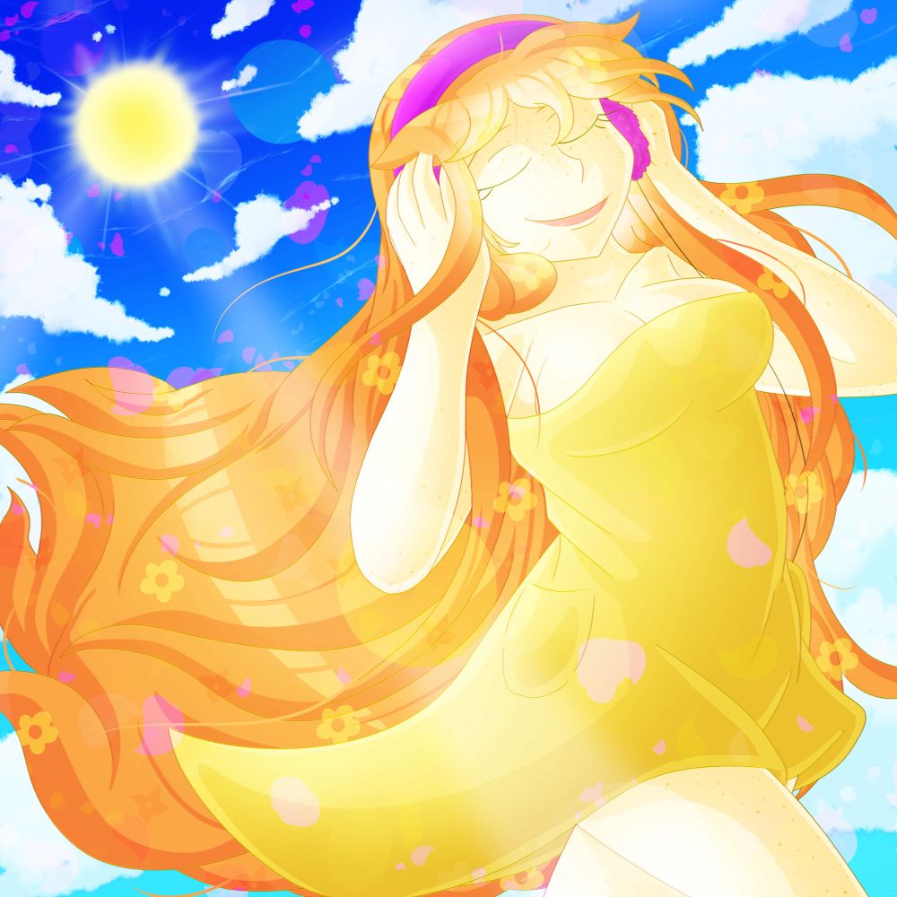 A girl holding headphones while walking in the peaceful background with the sun behind her.